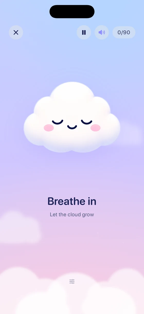 Cloudi's breathing screen — the cloud growing as you breathe in