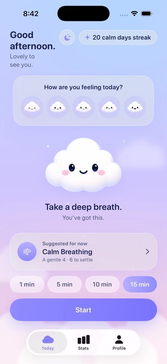 Cloudi's home screen — greeting, mood check-in, and the floating cloud